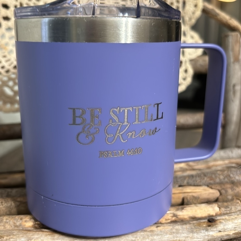PRE OWNED BE STILL AND KNOW PSALMS 46:10 LAVENDER CAMP STYLE STAINLESS STEEL MUG - Picture 1 of 12